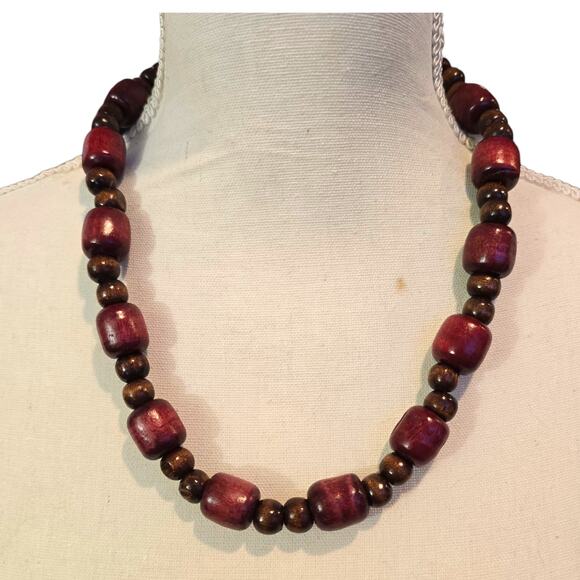 Artisan Jewelry - Vintage Chunky Wooden Bead Necklace 22in Barrel Beads Boho Retro Retro Jewelry